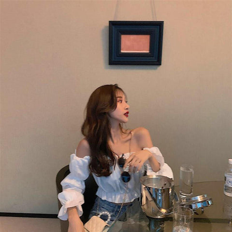 off shoulder  Spring and Summer 2024 New off-Shoulder off-Shoulder Design Top for Female Students High Waist off-the-Navel Puff Sleeve T-shirt for Female Fashion