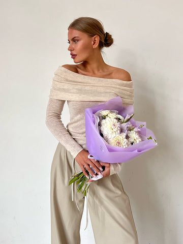 Sonicelife-Beige Off Shoulder Long Sleeves Pull Over Shirt