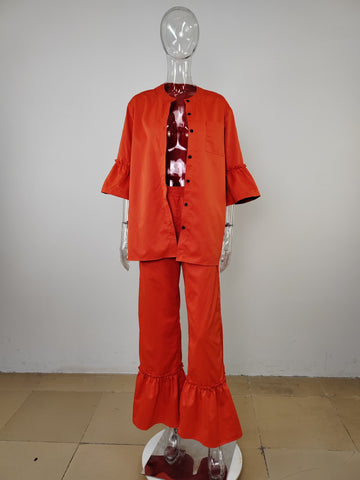 Sonicelife-Ruffle Half Sleeve Shirt Flares Pants Suits