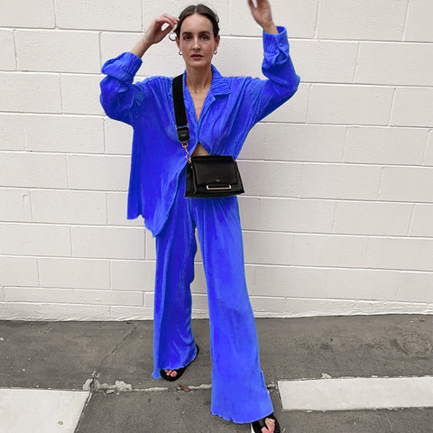 2024 Spring and Autumn Women's Clothing Solid Color Draping Loose Smooth Pleated Casual Two-Piece Suit