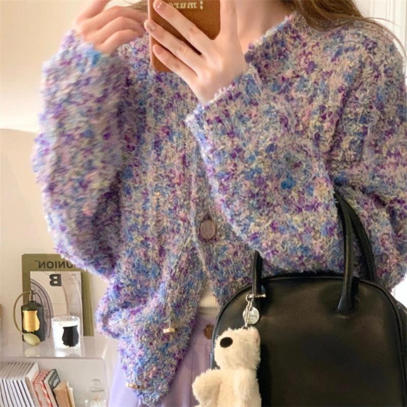 frat outfits Spring Women's New Lazy Style Purple Knitted Cardigan Women's Temperament Variegated Long-Sleeved Top Coat