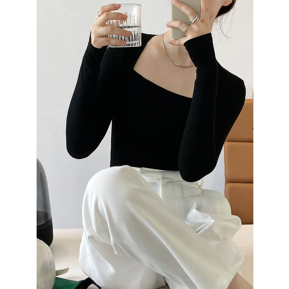 2000s fashion Luxi French Style Long Sleeve Square Collar T-shirt Women's Slim Fit Slimming Fake Two-Piece Top Autumn Thin Bottoming Shirt 283