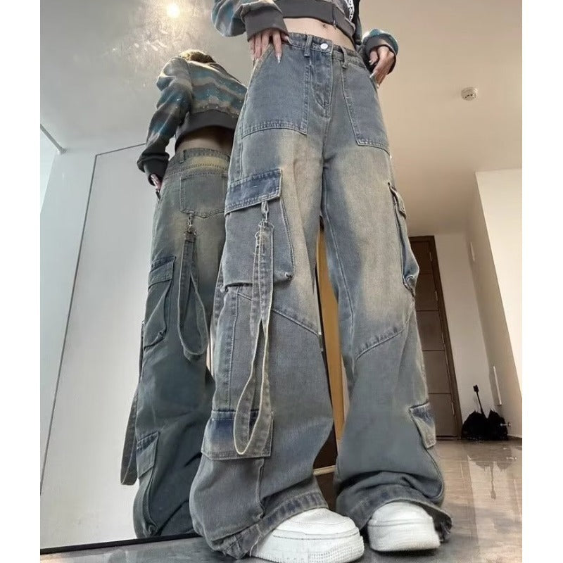 grunge outfits American High Street Vibe Hot Girl Workwear Jeans Women's Small High Waist Loose Slimming Wide Leg Straight Trousers Fashion