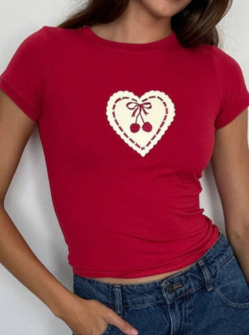 Sonicelife-Cherry Heart Printed Round Neck Shirt