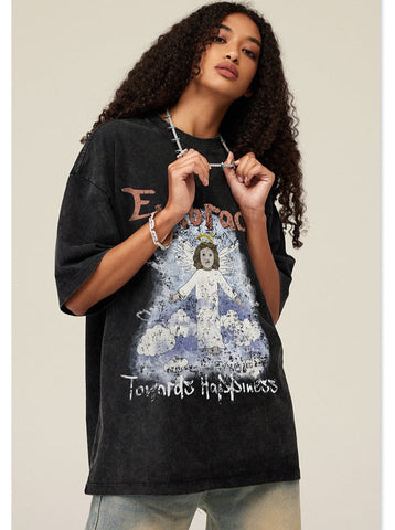 Sonicelife-Spring Black Basic Angel Printed Oversized Shirt