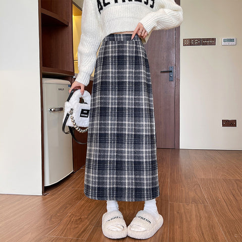 trending fall outfits 2024 Woolen Hip Skirt Autumn and Winter Retro 2024 New Mid-Length Skirt Women's Versatile High Waist Slimming A- line Plaid Skirt