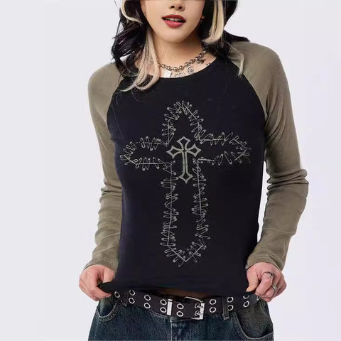 INS round Neck Skull Printed Short Long Sleeve Personalized Street Style Top Y2k2024