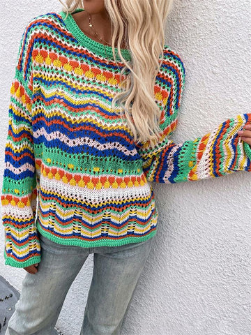 Sonicelife Rainbow Stripe Crochet Knit Sweater