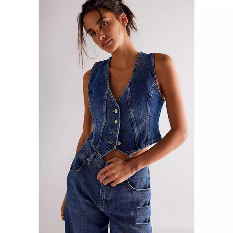 dti outfits New Fashion Casual V-neck Denim Top Women's Adjustable Vest Small Vest