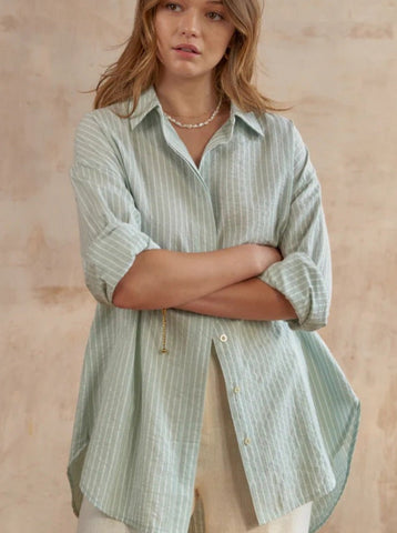 Sonicelife-Casual Green Loose Button Down Striped Long Sleeve Shirt