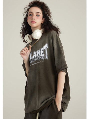 Sonicelife-Spring Gray Basic Planet Printed Oversized Shirt