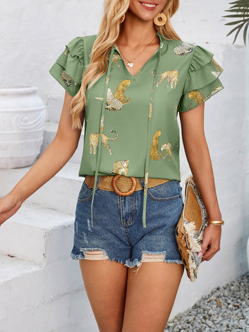 Sonicelife-Ruffled Printed Tie Neck Short Sleeve Blouse