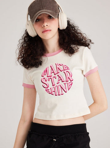 Sonicelife-Pink Round Collar Short-Sleeved Sexy Top