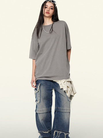 Sonicelife-Gray Trendy Vintage Short-Sleeved Loose T-Shirt