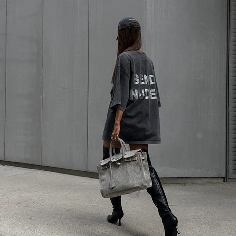 Sonicelife-Trendy Oversize Streetwear Distressed Letter Printed Cotton Shirt