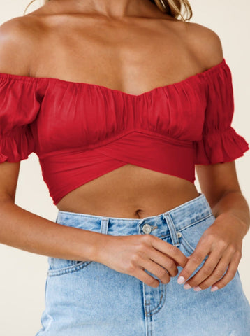 Sonicelife-Off Shoulder Back Tie Short-Sleeved Ruffled Crop Top