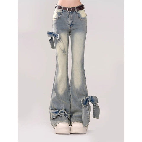 y2k American Style Retro Bow Micro Flared Jeans for Women 2024 New Summer High Waist Mopping Pants Fashion