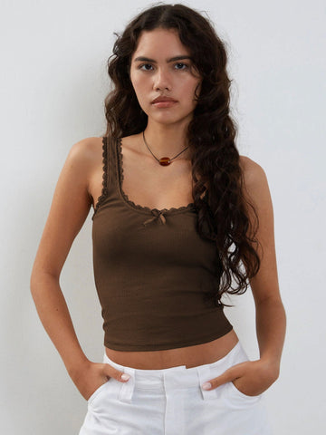 Sonicelife-Brown Tank Lace Sleeveless Crop Top