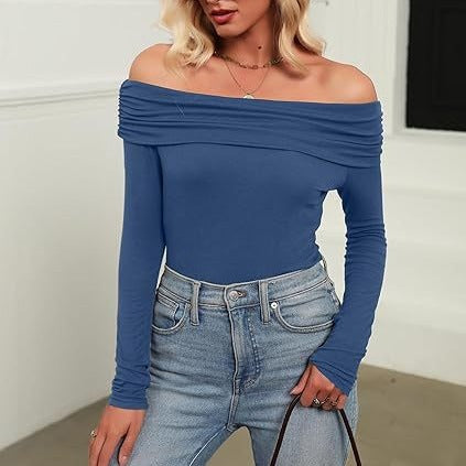 leapord halloween outfit Modal Fabric Women's Sexy off-the-Shoulder Top T-shirt Slim-Fit Long Sleeve Bottoming