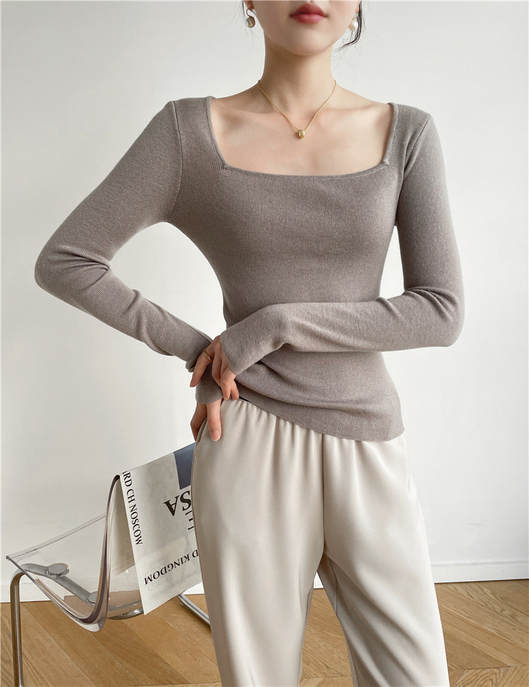 2000s fashion 7356 Autumn and Winter New 14-Pin Cashmere Hong Kong Style Retro Square Collar Leaky Collarbone Slim Slimming Sexy Sweater