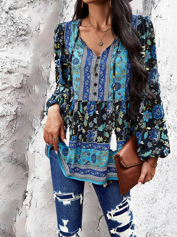 Sonicelife-Bohemian V-Neck Tassel Tie Long Sleeve Shirt