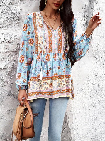 Sonicelife-Bohemian V-Neck Tassel Tie Long Sleeve Shirt