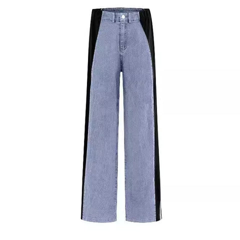 dti outfits 2024 Women's New Casual Fashion All-Match High Waist Stretch Contrast Color Knitted Stitching Denim Straight Trousers