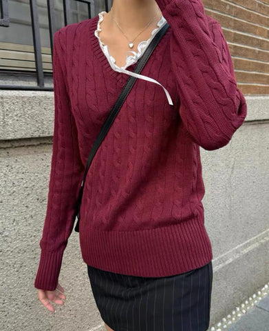 classy outfits men BM Style American V-neck Sweater Twist Pullover Long Sleeve Sweater BM Hot Girl Solid Color Loose Lazy Top