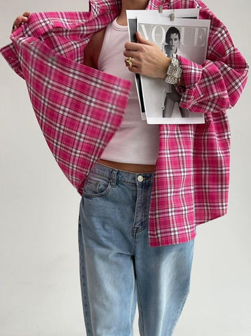 Sonicelife-Pink Plaid Long Sleeve Loose Shirt