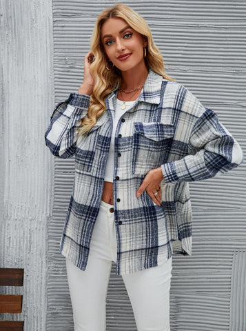 Sonicelife-Gray Plaid Button Up Classic Long Sleeve Cardigan