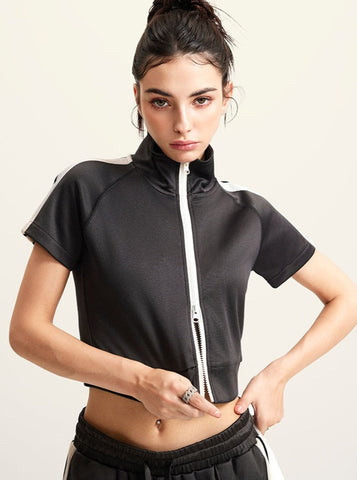 Sonicelife-Charcoal Gray Half Turtle Collar Double Zipper Cardigan Short-Sleeved Top