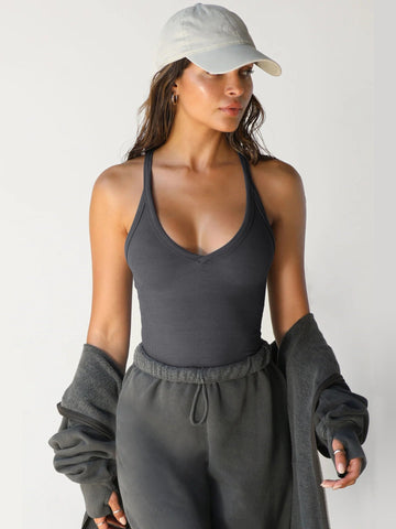 Sonicelife-Dark Grey Halter V-Neck Plain Sleeveless Top