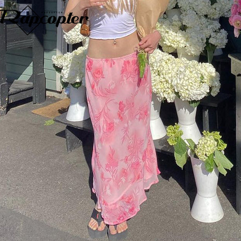 fashion inspo Solid Color Printed Chiffon Pink Skirt with Skirt Slimming Temperament Commuter Stitching Sheath A- line Skirt 1009#