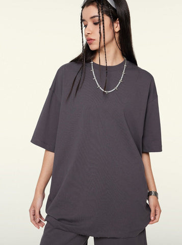 Sonicelife-Solid Color Frayed Half-Sleeved Trendy Tops