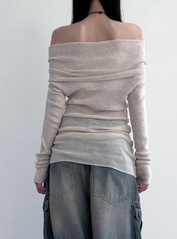 Sonicelife-Off Shoulder Long Sleeve Elegant Plain Knit Shirt