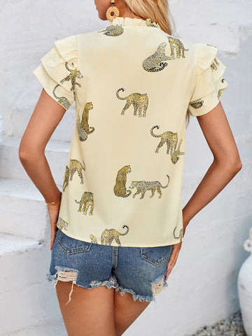 Sonicelife-Ruffled Printed Tie Neck Short Sleeve Blouse