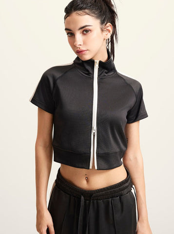 Sonicelife-Charcoal Gray Half Turtle Collar Double Zipper Cardigan Short-Sleeved Top