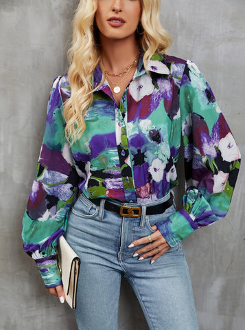 Sonicelife-Casual Floral Print Button Up Long Sleeve Shirt