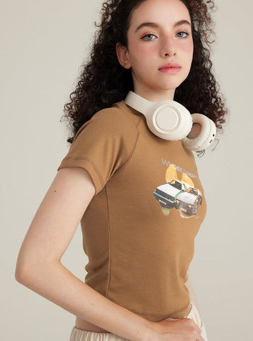 Sonicelife-Caramel Color Printed Short-Sleeved Raglan Style Sexy Top