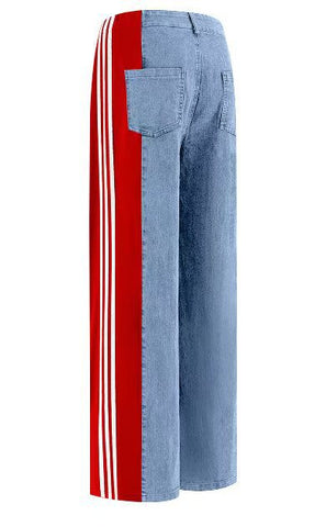 dti outfits 2024 Women's New Casual Fashion All-Match High Waist Stretch Contrast Color Knitted Stitching Denim Straight Trousers