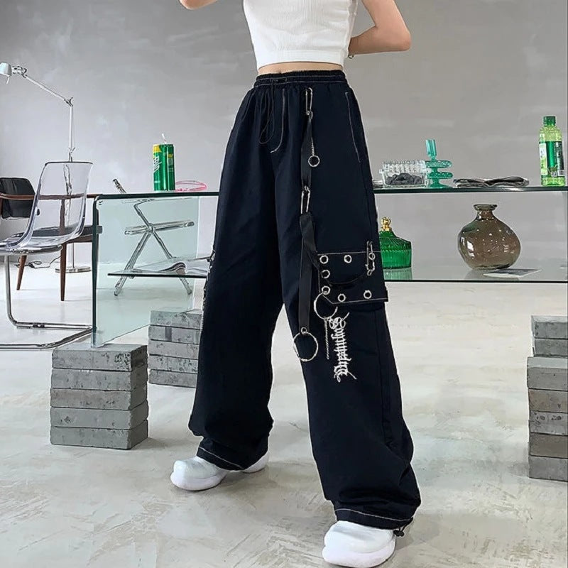 concert outfit Harajuku Block Hot Girl Pants Women Hong Kong Style Fried Street Pants Black Casual Gothic Style Street Hip Hop Tooling Wide Leg Pants