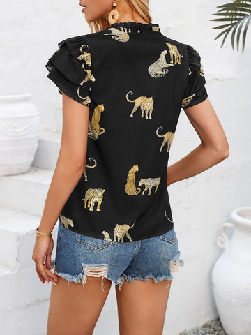 Sonicelife-Ruffled Printed Tie Neck Short Sleeve Blouse