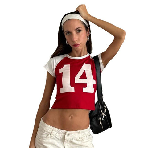 Sonicelife 90s streetwear American Retro Casual Hot Girl Letters Contrast Color Digital Printing Short Navel T-shirt Basic Simple All-Match Top