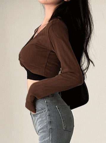 Sonicelife-Long-Sleeve Ribbed Hoop Crop T-Shirt