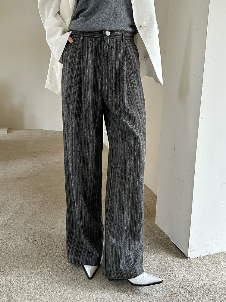 skater boy outfits Dtwo Autumn and Winter Contrast Color Stitching Striped Woolen Wool Mopping Pants Trousers Straight Pants Original Niche Design Women's Pants