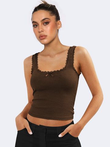 Sonicelife-Brown Tank Lace Sleeveless Crop Top