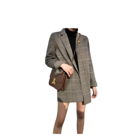 business casual outfits for women Plaid Suit Jacket for Women 2024 Autumn and Winter New Slim-Fit Mid-Length Retro Plaid Woolen Small Suit