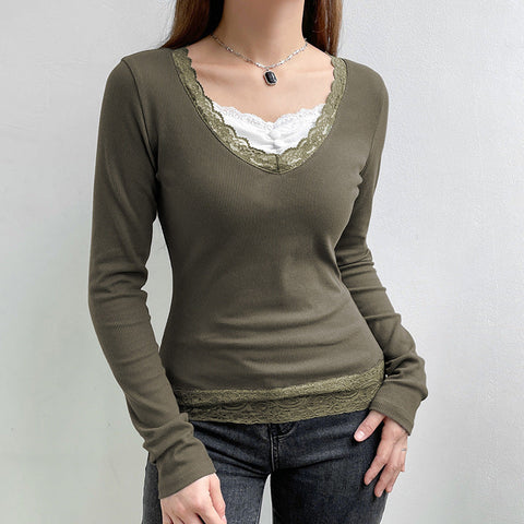 Sonicelife 90s streetwear Women's Spring New Gray Green V-neck Tight Waist Lace Knitted Top EBay