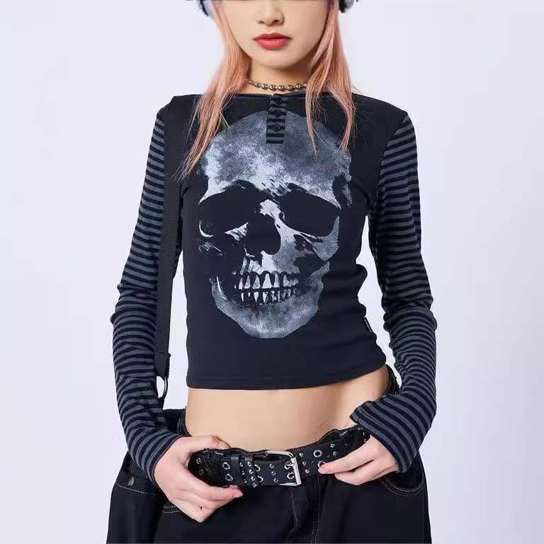 INS round Neck Skull Printed Short Long Sleeve Personalized Street Style Top Y2k2024