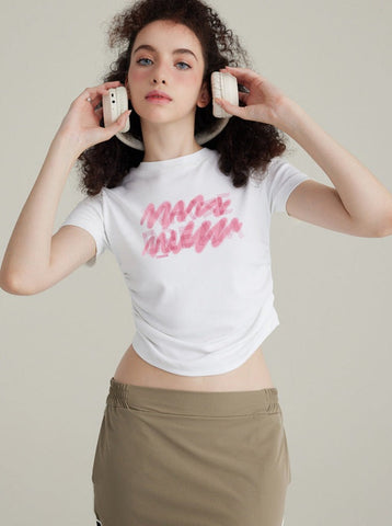 Sonicelife-White Printed Round Neck Short Sleeve Crop Top